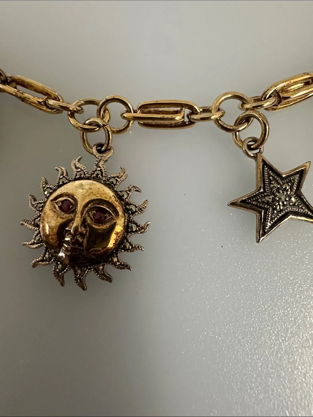 Vintage Celestial Charm real RUBYS Gold 925 GF  ONYX Gems Necklace